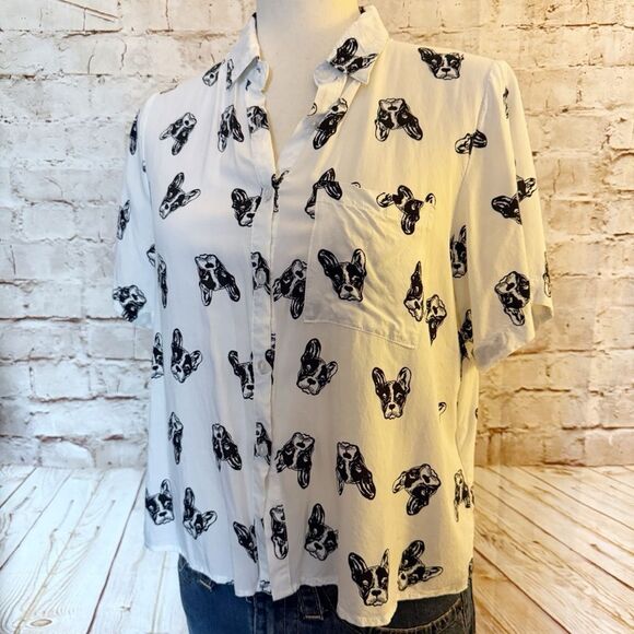 Love Notes French bulldog button up blouse - Picture 1 of 5
